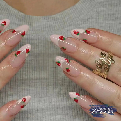 24Pcs Pink French Tip Press on Nails Short Almond Fake Nails Cute Strawberry Glue on Nails Nude Pink Acrylic Nails Full Cover Stick on Nails Spring False Nails for Women Girls Manicure Decoration