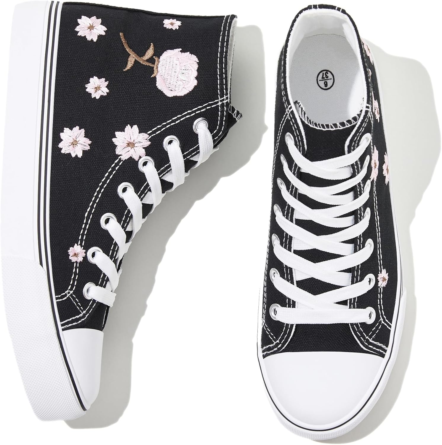 Women'S High Top Canvas Sneakers Canvas Shoes Lace up White Black Sneakers Casual Walking Shoes