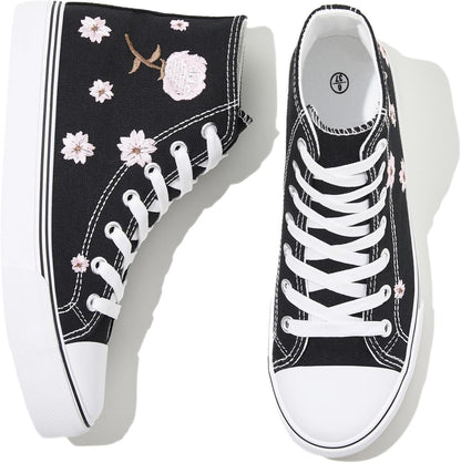 Women'S High Top Canvas Sneakers Canvas Shoes Lace up White Black Sneakers Casual Walking Shoes