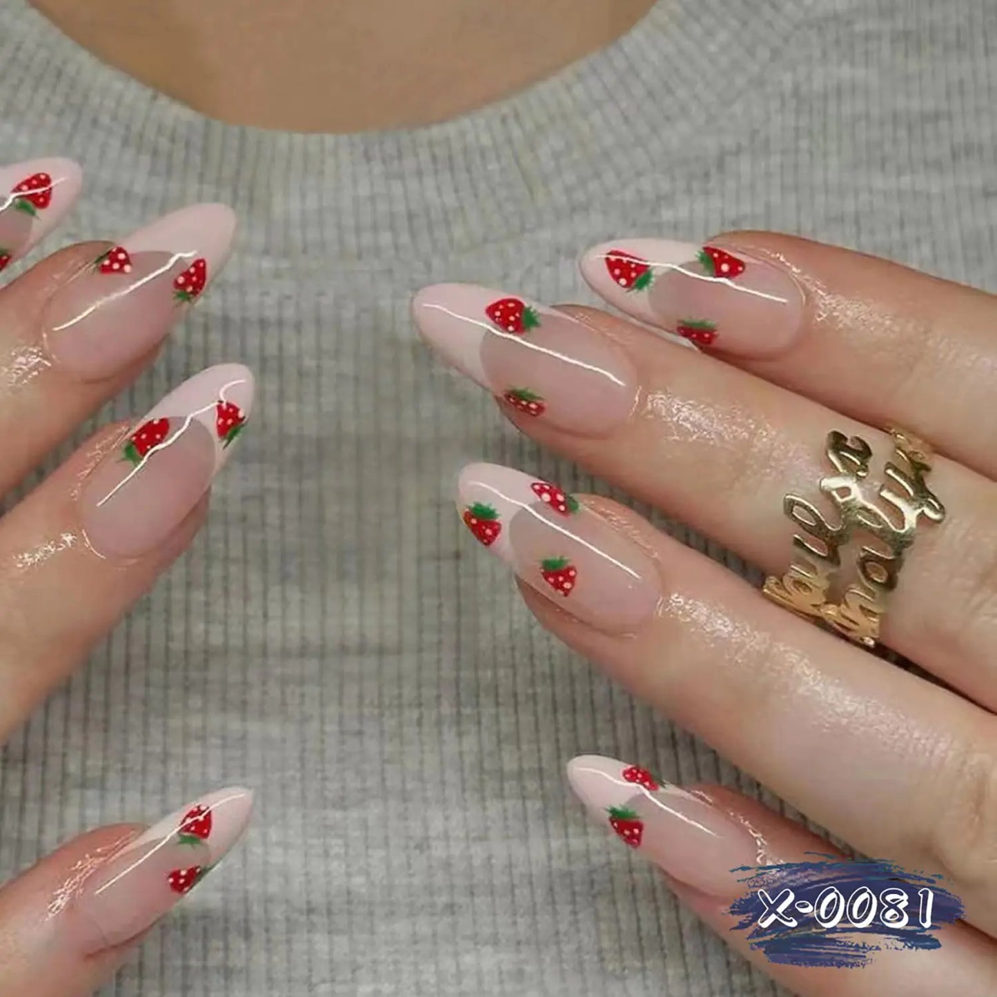 24Pcs Pink French Tip Press on Nails Short Almond Fake Nails Cute Strawberry Glue on Nails Nude Pink Acrylic Nails Full Cover Stick on Nails Spring False Nails for Women Girls Manicure Decoration