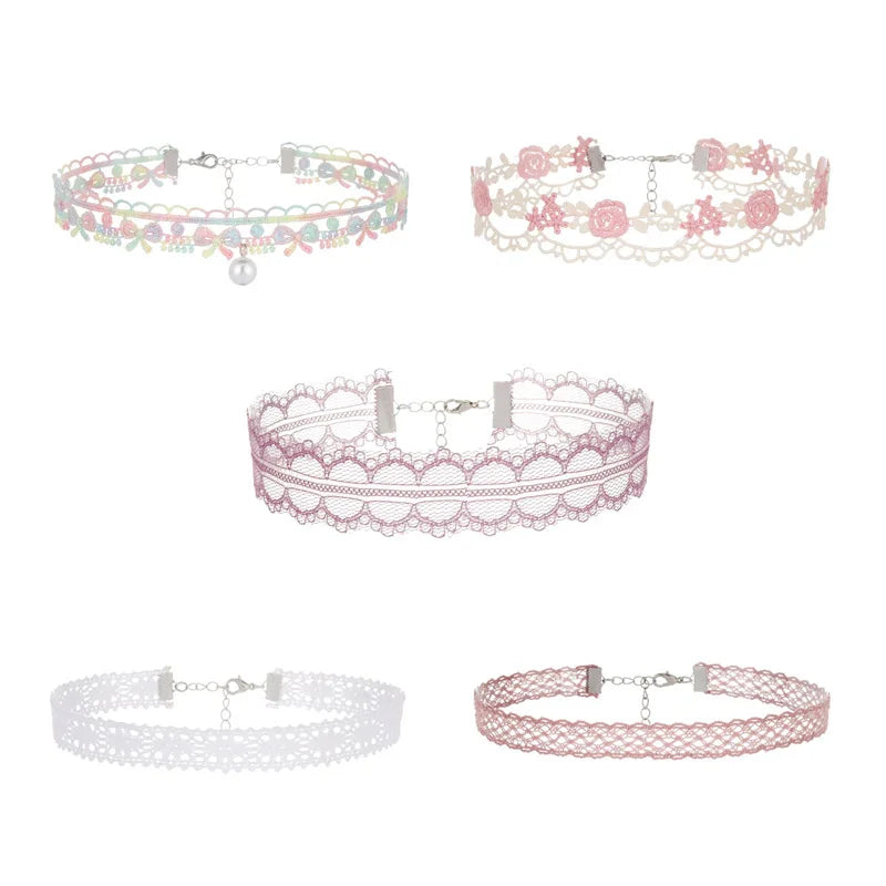 5 Pieces Sweet Pink Lace Choker Necklace Set for Women with Flower Pearl Dangle Clavicle Jewelry Accessories Gift for Girls