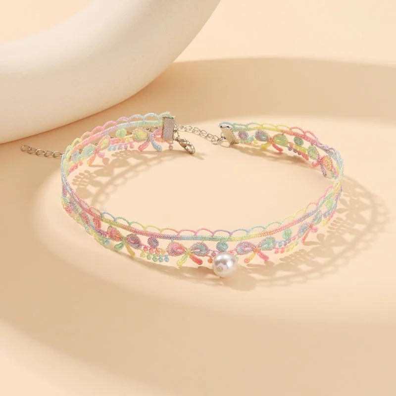 5 Pieces Sweet Pink Lace Choker Necklace Set for Women with Flower Pearl Dangle Clavicle Jewelry Accessories Gift for Girls