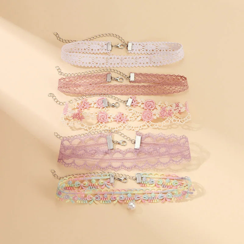 5 Pieces Sweet Pink Lace Choker Necklace Set for Women with Flower Pearl Dangle Clavicle Jewelry Accessories Gift for Girls