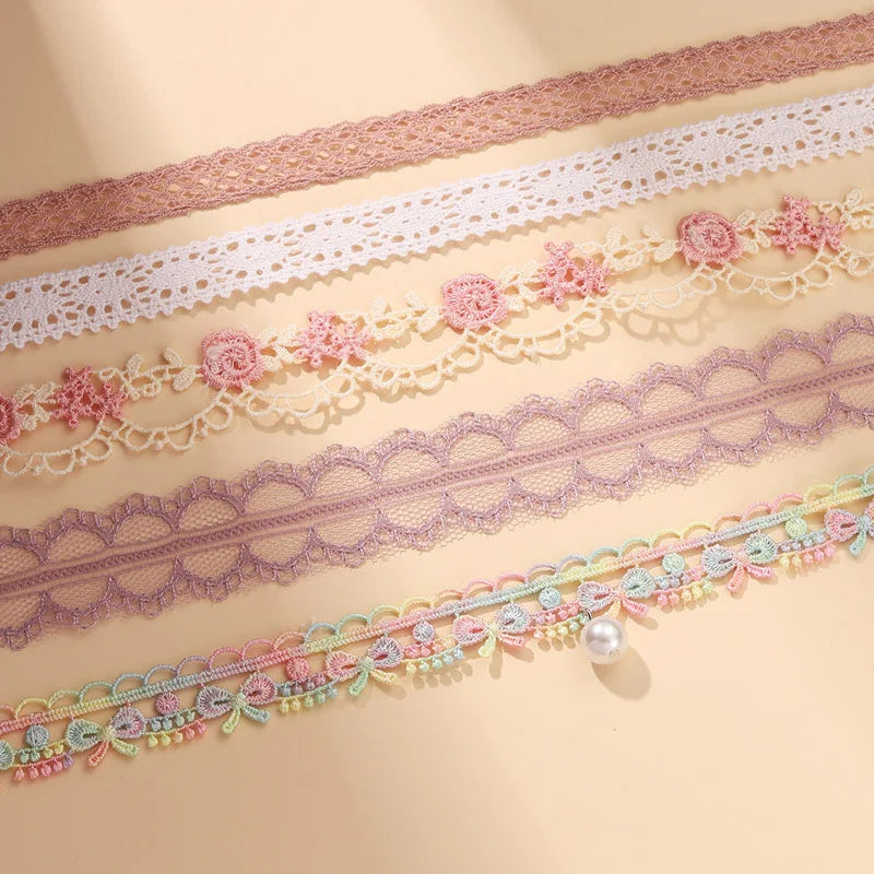 5 Pieces Sweet Pink Lace Choker Necklace Set for Women with Flower Pearl Dangle Clavicle Jewelry Accessories Gift for Girls