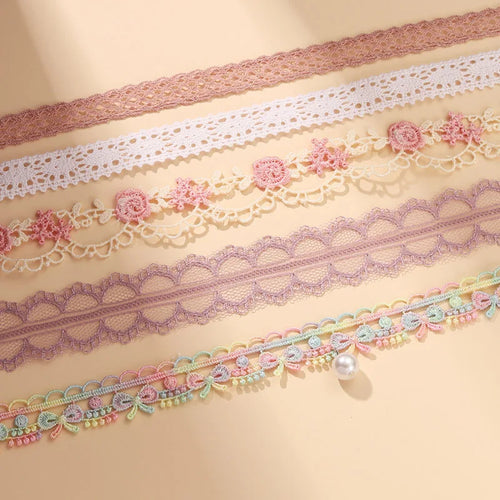 5 Pieces Sweet Pink Lace Choker Necklace Set for Women with Flower Pearl Dangle Clavicle Jewelry Accessories Gift for Girls