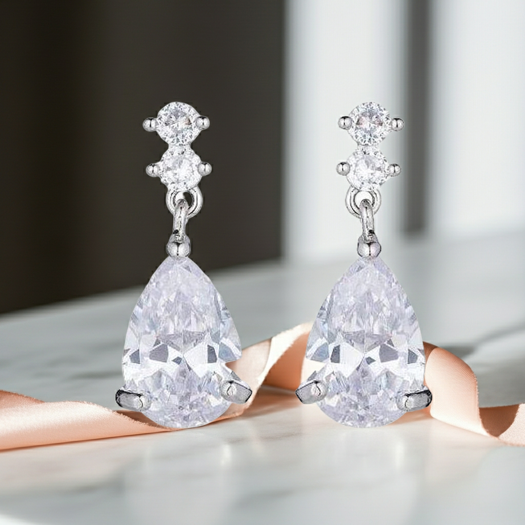 Silver Crystal CZ Teardrop Earrings – Elegant Drop Earrings for Women and girls