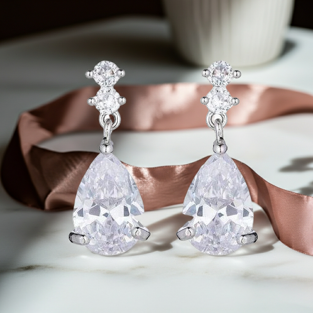 Silver Crystal CZ Teardrop Earrings – Elegant Drop Earrings for Women and girls