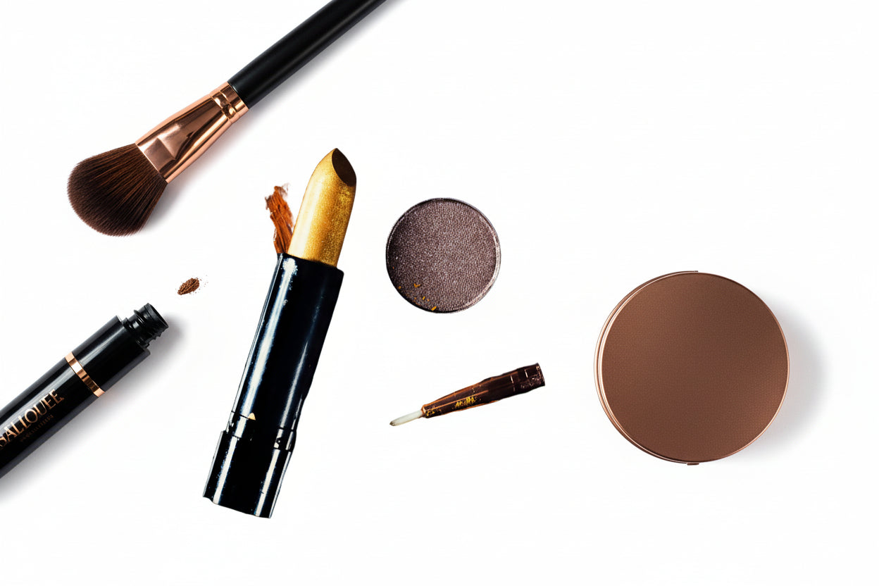 Makeup products including a lipstick, brush, and compact powder on a white background