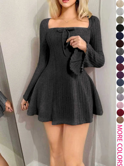 Y2K Style Women'S Long Sleeve Fitted Mini Dress with Square Neck and Flare Sleeves, Casual for Spring & Fall